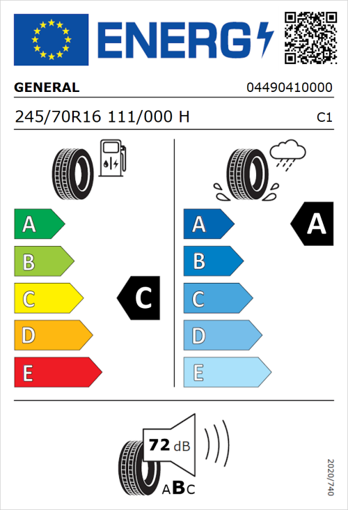 Tyre Label for General Grabber GT Plus 245/70R16 111/000H