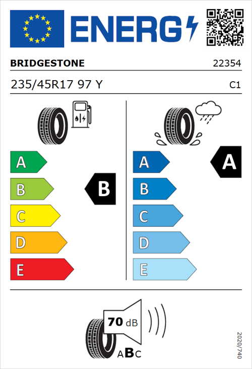 Tyre Label for Bridgestone Turanza 6 235/45R17 97Y
