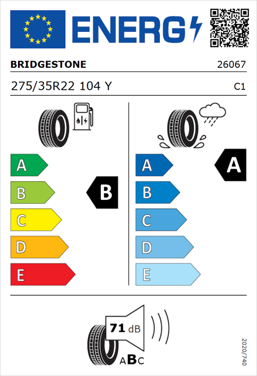 Tyre Label for Bridgestone Turanza 6 275/35R22 104Y