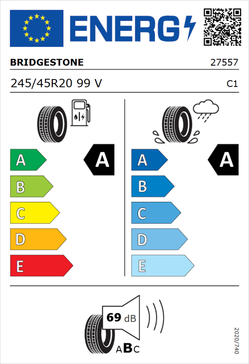 Tyre Label for Bridgestone Turanza 6 245/45R20 99V