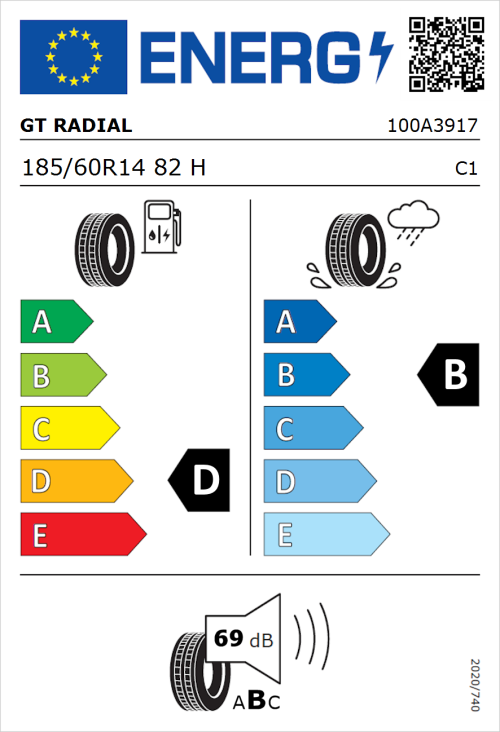 Tyre Label for GT Radial FE1 City 185/60R14 82H